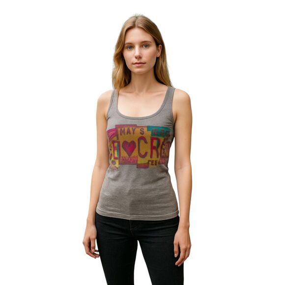 Steve Madden Small to Medium "Mad Crzy" Gray Tank Top Pink Yellow Blue Good - Picture 1 of 11